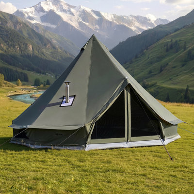 Tente en toile cloche, tente de yourte 9,84 pi 4 saisons pour camping avec prise de réchaud, toile respirante pouvant accueillir jusqu'à 3 personnes avec plancher amovible zippé, pour une partie de chasse en plein air en famille