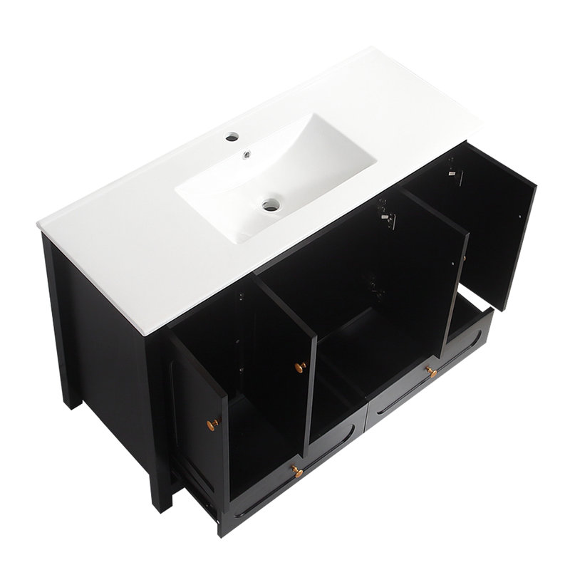 Meuble-lavabo noir de 48 po avec lavabo intégré en céramique, 4 portes à fermeture douce et 2 tiroirs de rangement, bois massif pour une apparence tendance, une structure à fonctionnement silencieux et sans effort