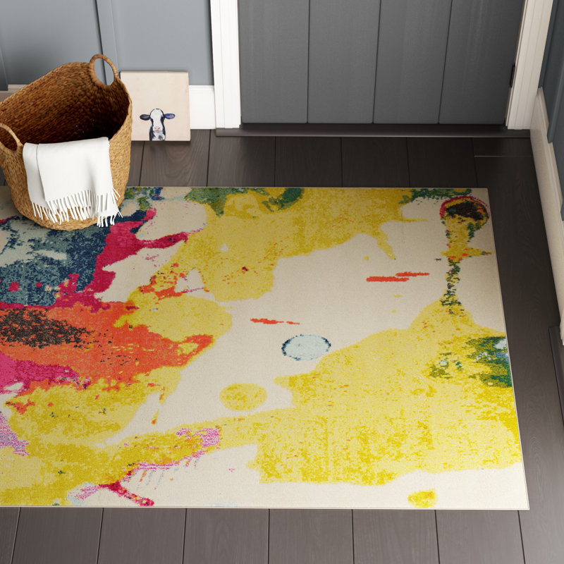 Tapis abstrait rose / orange / jaune Eddins, Rond 6 pi 1 po