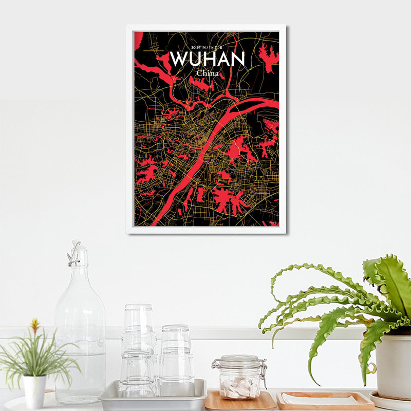 Carte de la ville de Whan, impression, Noir / rouge / jaune, H 24 po x l 18 po