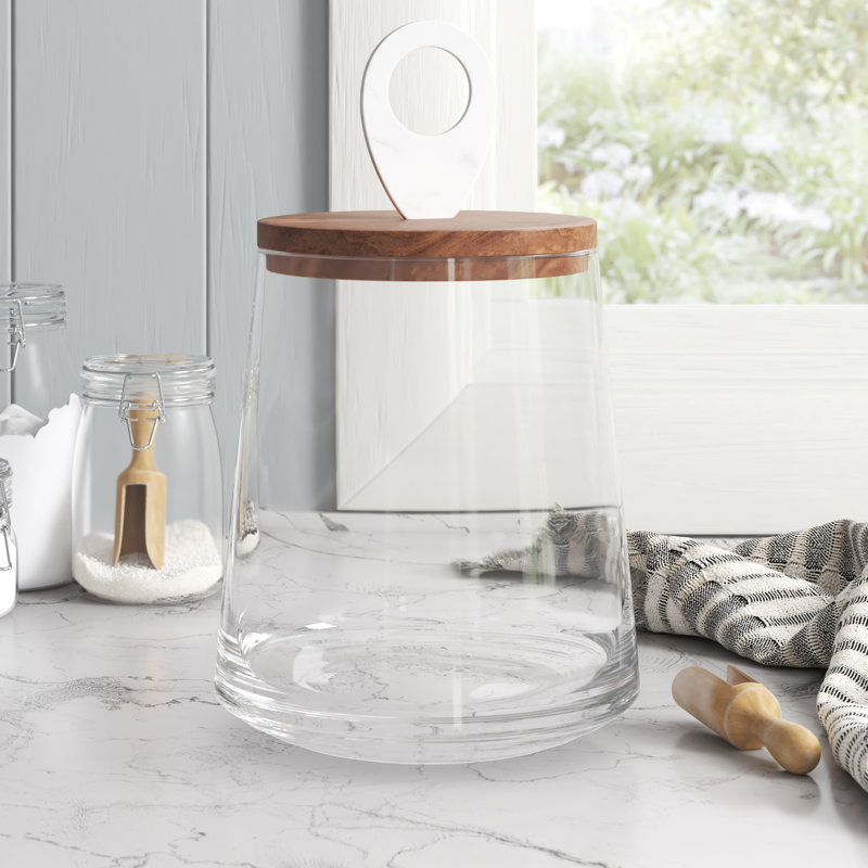 Petit pot en verre transparent avec bois de manguier et couvercle en marbre, H 11,8 po x l 9,6 po x P 9,6 po