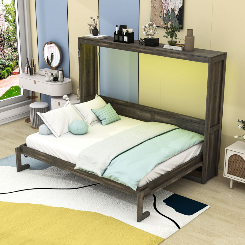 Lit escamotable en bois avec éclairage DEL et bureau, Lit double, Brun