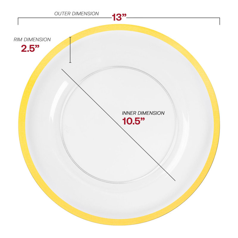 Assiettes de présentation rondes jetables en plastique transparent avec bordure dorée (13 pouces) - 60 assiettes