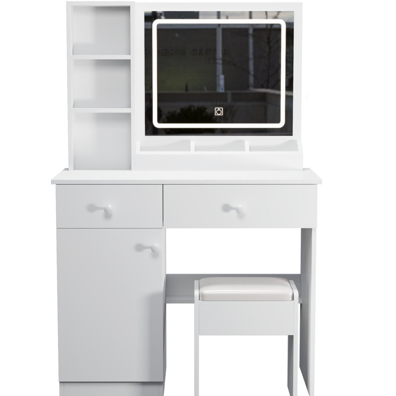 Coiffeuse élégante avec lumières et miroir - 3 options de couleur, blanc, 2 tiroirs blanc