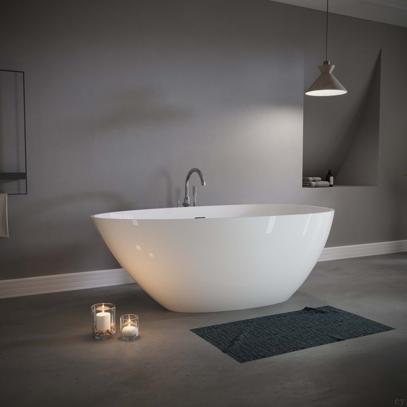 59" Freestanding Solid Surface Bathtub, Stone Resin Freestanding Soaking Bathtub With Overflow And Pop-Up Drain, Gloss White