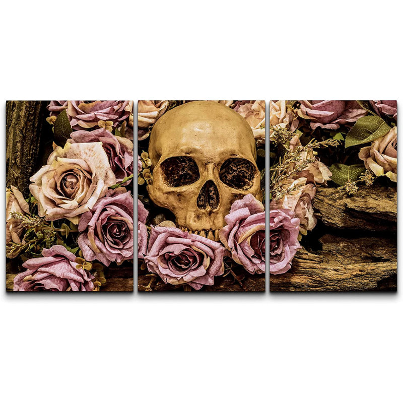 Moody Gothic " Human Skull Roses Background " 3 - Pieces, 24" H x 48" W x 1.5" D