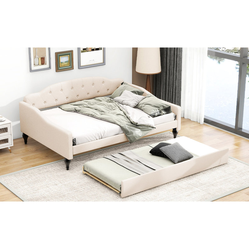 Lit de jour rembourré beige avec lit gigogne simple - Complète diverses décorations pleine grandeur en tissu d'ameublement stable et captivant