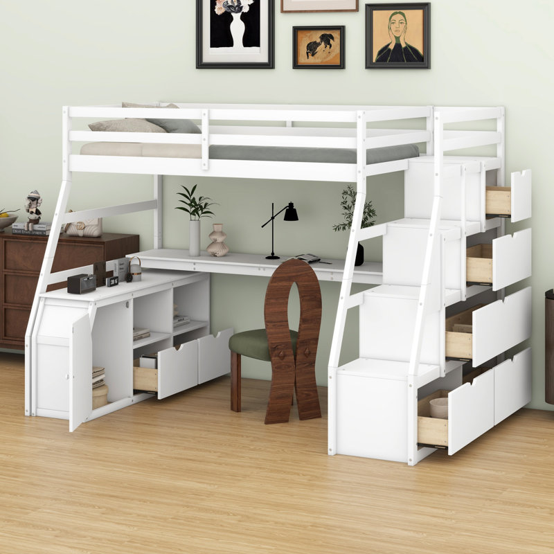 Lit mezzanine avec tiroirs, tablettes et bureau, blanc