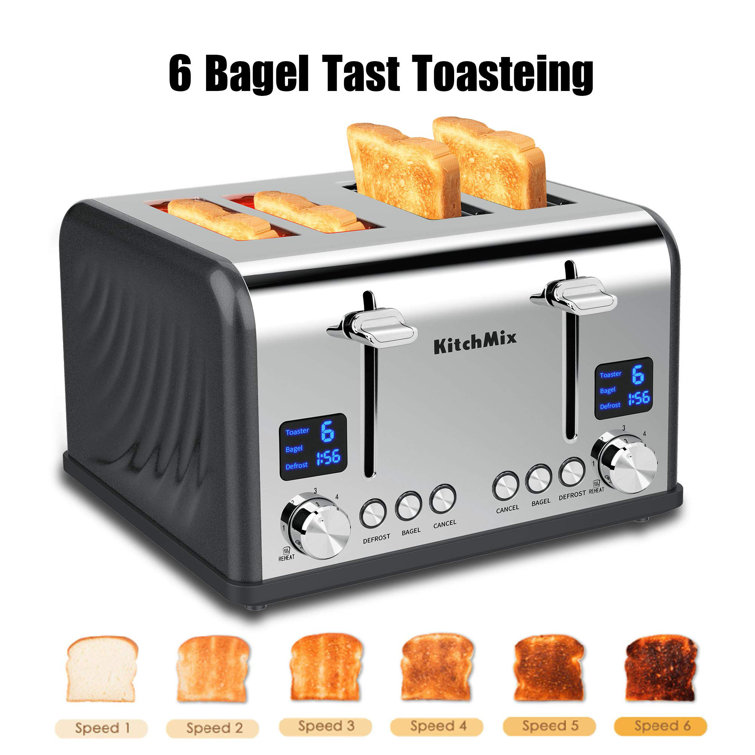 Toaster 4 Slice, Geek Chef Stainless Steel Extra-Wide Slot Toaster with Dual Control Panels of Bagel/Defrost/Cancel functi.