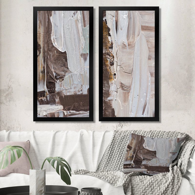 «Beige Brown Brush Strokes», ensemble de 2 peintures sur toiles, H 40 po x l 40 po x P 1 po, Cadre photo noir