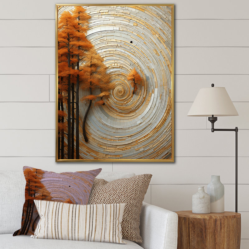Orange et pin blanc en spirale - art mural botanique, Cadre flottant doré, 60" H x 28" W