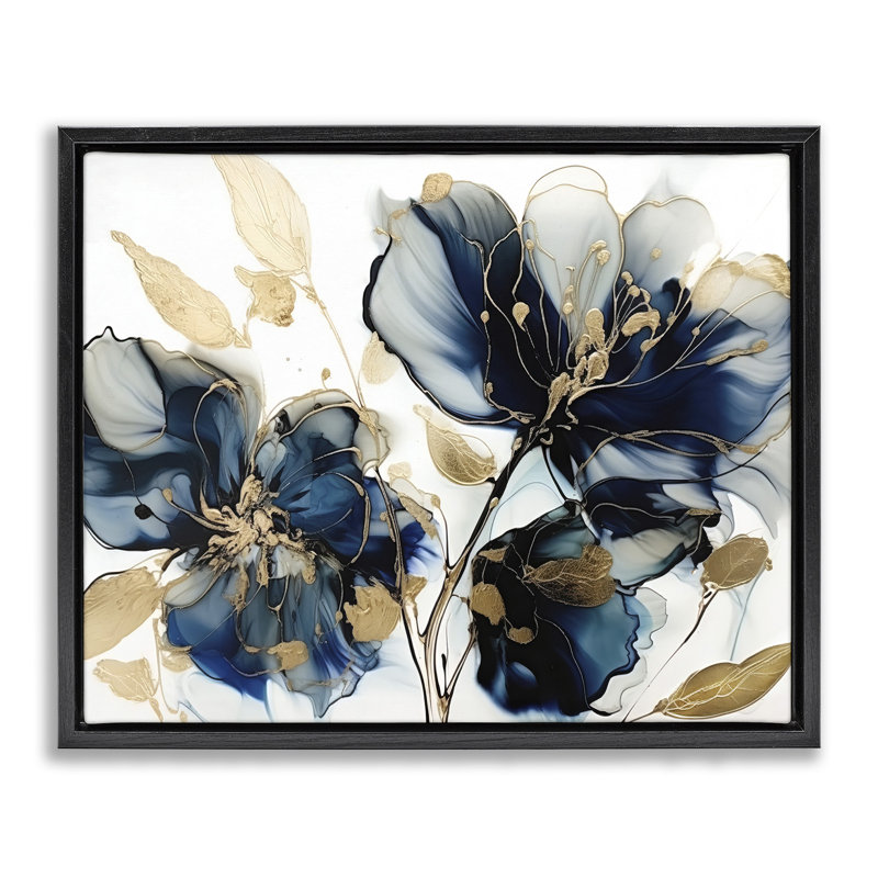 Fleurs bleues tourbillonnantes modernes, H 17 po x l 21 po, Cadre flottant noir de jais