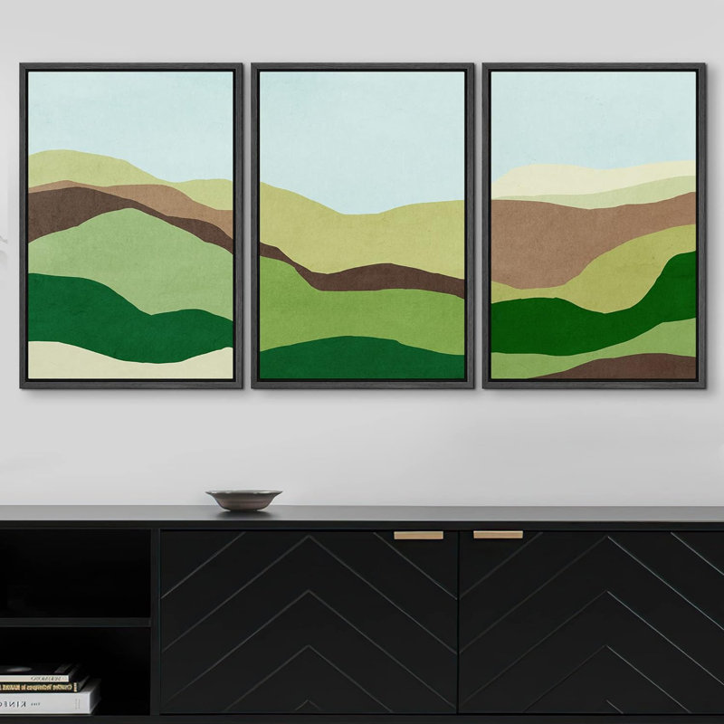 Abstract Landscape " Green And Brown Paint Stroke Landscape Abstract Shape Illustration Modern Art Boho Scenic Colourful " 3 - Pieces