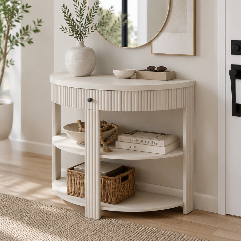 Console cannelée demi-lune avec tiroir et tablettes, Cream