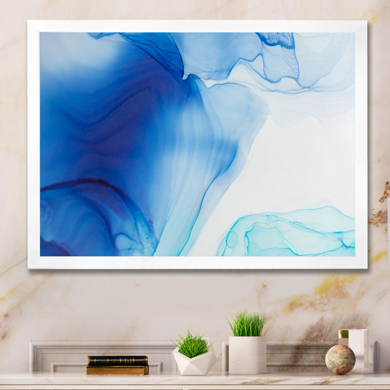 «Gray and Blue Marble Waves II», reproduction sur toile flottante, H 8 po x l 12 po x P 1 po, Cadre photo blanc