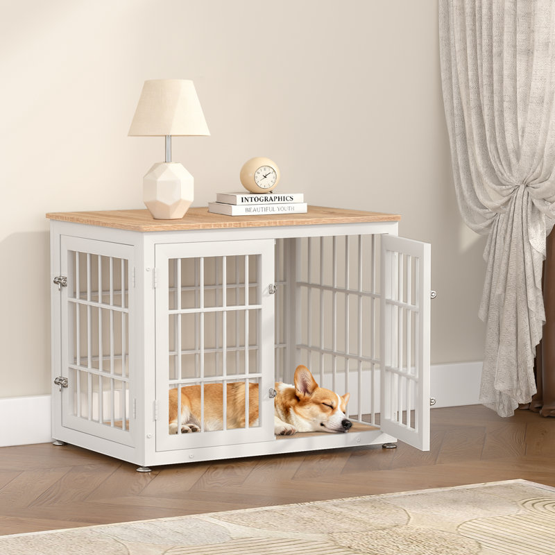 32 Inch Heavy Duty Dog Crate Furniture, Decorative Pet House End Table, Wooden Cage Kennel Furniture Indoor, White/Natural