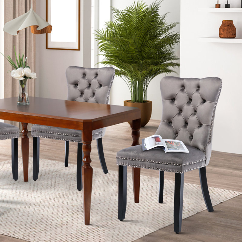 Tufted Velvet Wing Back Side Dining Chairs, Black, Gray