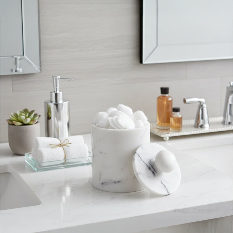 100% Marble Cylinder Bin, Marble White