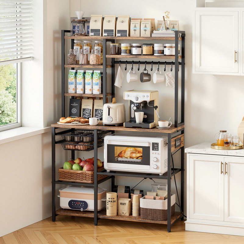 Étagère de boulanger de cuisine, étagère de boulanger avec câble d'alimentation de 5 pi avec prise de courant, support de cuisine avec barre de support en forme de X, 10 crochets en forme de S, support de bar à café pour les plats, bouteilles d'épices, multiprise intégrée