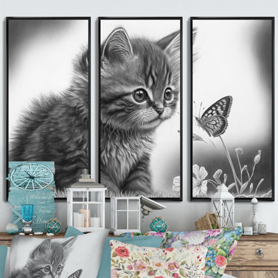 Digital Drawing Of Little Kitten With Butterfly IV " Digital Drawing Of Little Kitten With Butterfly IV " 3 - Pieces