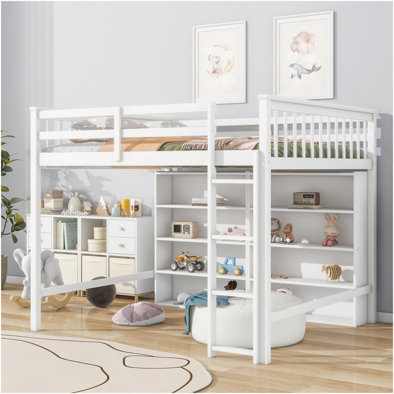 Lit mezzanine double avec 8 tablettes de rangement ouvertes et échelle intégrée, blanc antique
