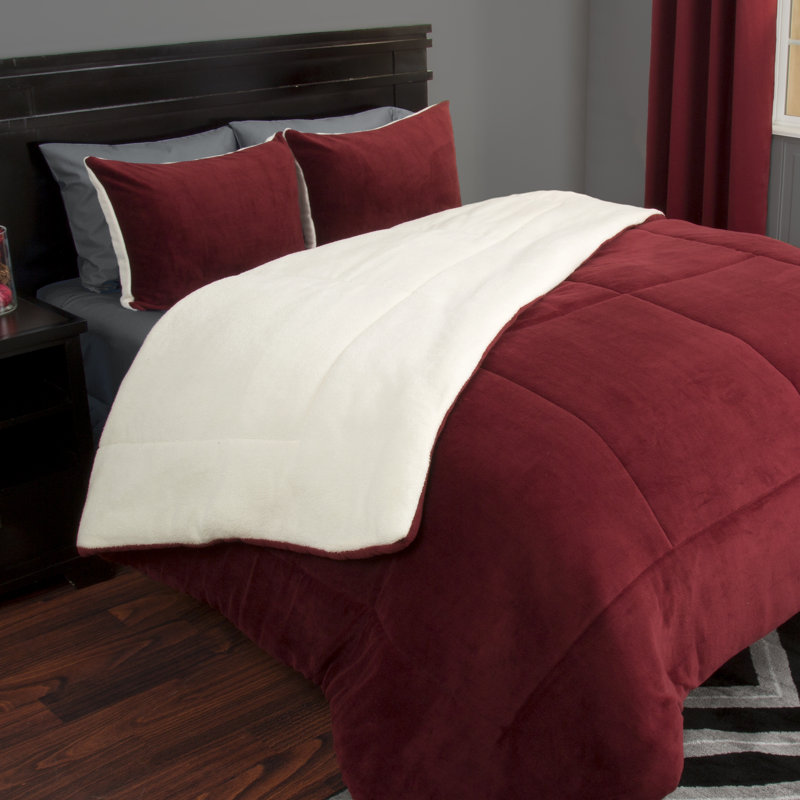 Sherpa Bedding Set - Fleece Bedspread with Pillow Shams Comforter Set - Warm, Cozy Bedding, Burgundy