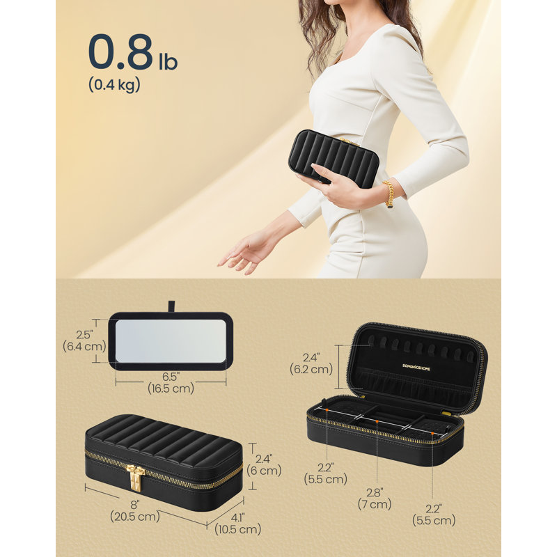 Home Anah Collection - Travel Jewellery Box, Small Jewellery Case Organiser With Mirror, PU Surface With Stitching, Portable, Zippers, Gift Idea