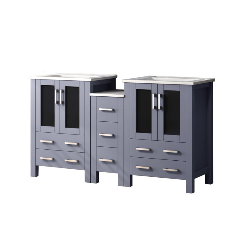 Gris foncé 60 po Grand meuble-lavabo double large, armoire latérale à côté, comptoir en céramique blanche, fabrication en bois massif, conception à fermeture douce, deux armoires intérieures, sept tiroirs pour un grand rangement,