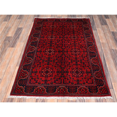 Tapis oriental 3 pi 1 po x 4 pi 9 po rouge cramoisi, style Andkhoy afghan avec motif tribal, en laine nouée à la main douce et veloutée