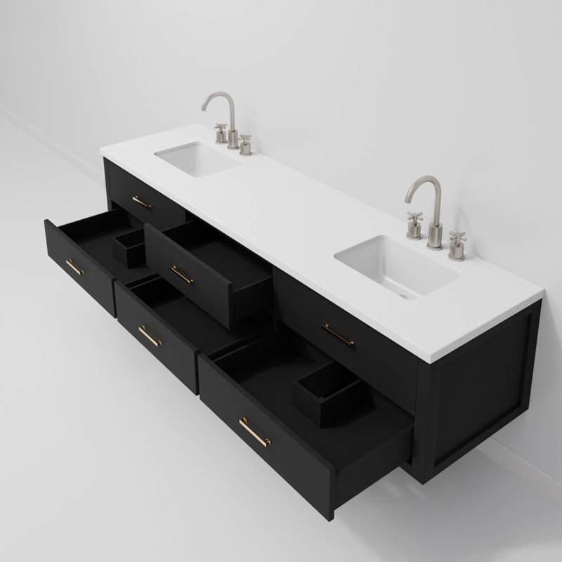 Ensemble de meuble-lavabo double mural 84 po Castor, Noir, Quartz blanc