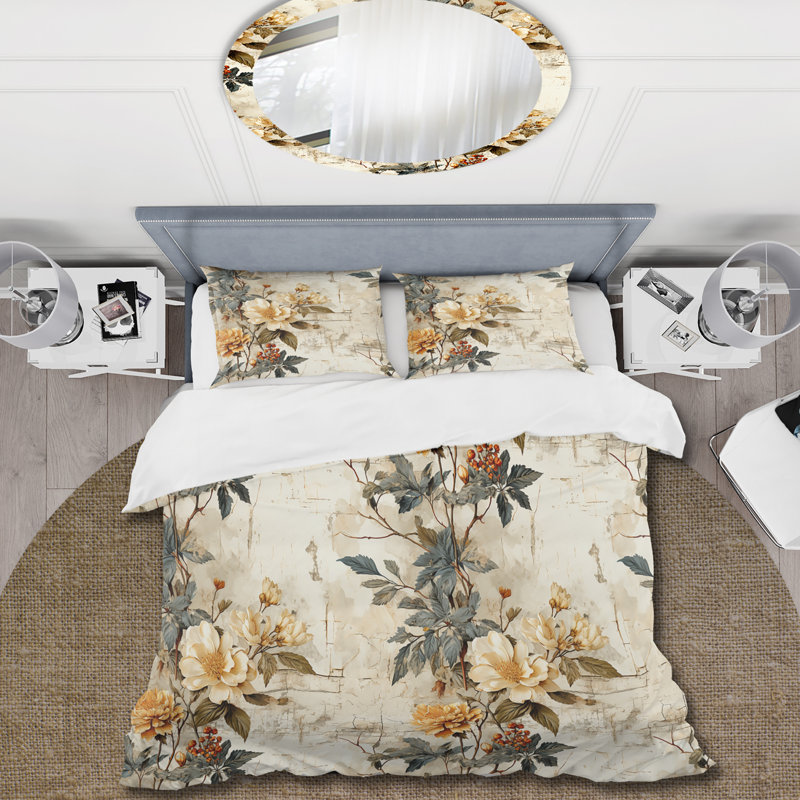 Literie à motif floral rétro beige rétro Countryhome, Housse de couette pour grand lit et 2 taies décor