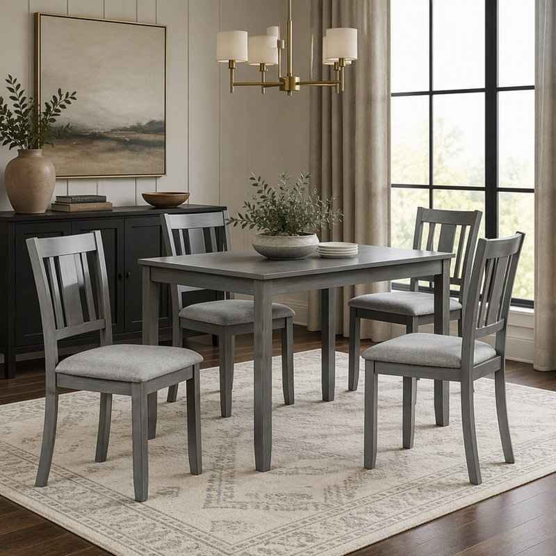 Ensemble de 4 chaises de salle à manger rembourrées en bois, Gris, Gris et dossier à lattes