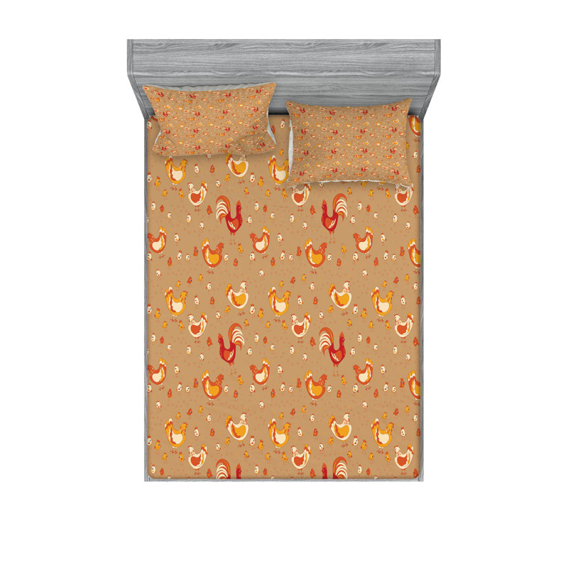 Drap-housse et taie décorative Ambesonne Hen and Chicks Camel Vermilion, Ensemble de draps pour très grand lit californien