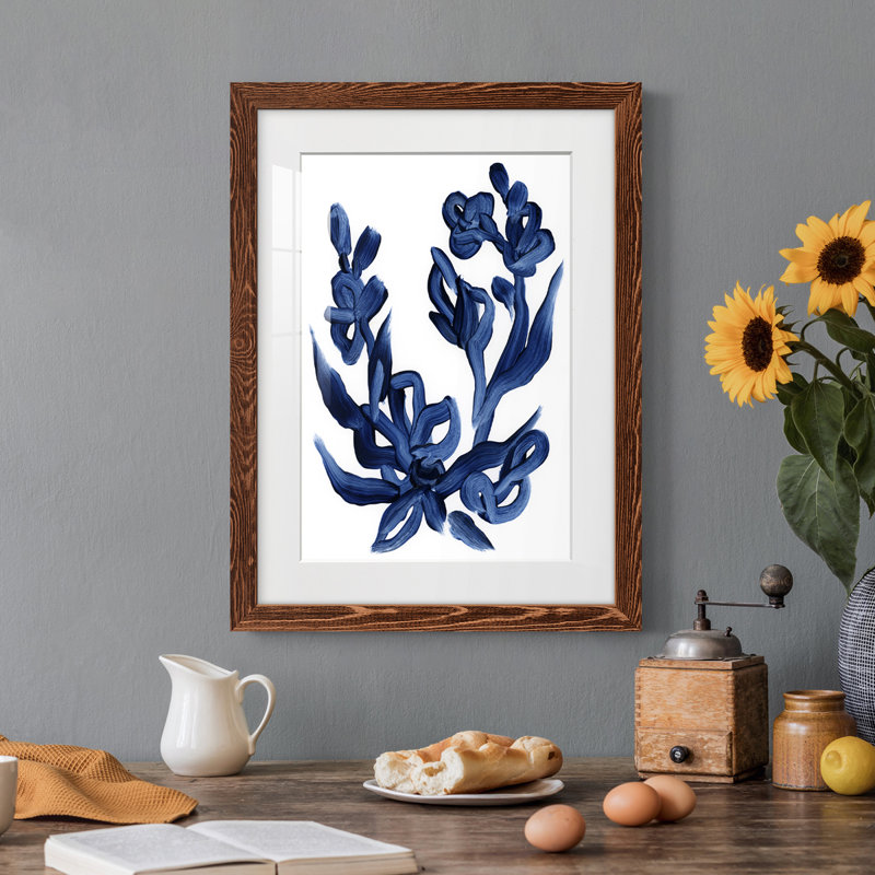 Indigo brossé Blooms I encadré mat - prêt à accrocher, H 44 po x l 31 po x P 1 po, Érable
