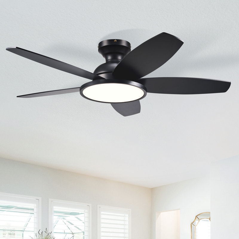 Low Profile 5 - Blade Flush Mount Small Room Ceiling Fan with LED Light and Remote, Matte Black with Matte Black/Brown Blades