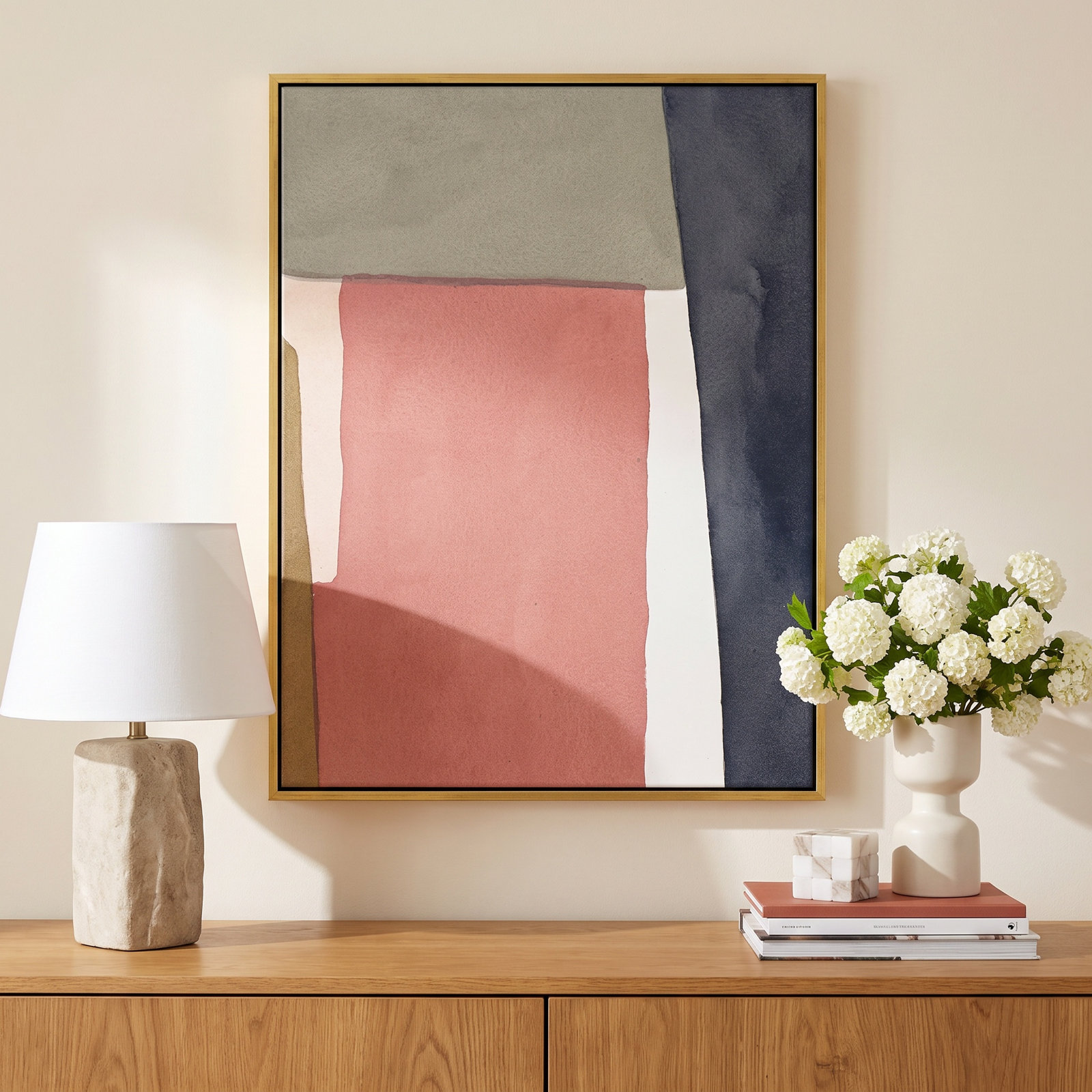 Warm Pink And Indigo by Julia Balfour, 25" H x 20" W x 1.4" D, Gold Framed Canvas
