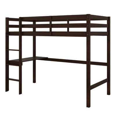 Twin Size High Loft Bed, Wood Loft Bed Frame With Built-In Desk And Ladder, Rubber Wood Bed With Safety Guardrail, Space-Saving