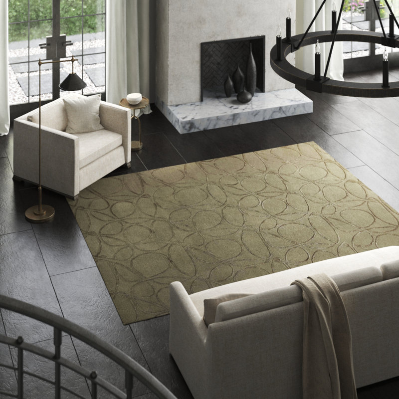 Clover Geometric Hand-Knotted Wool/Silk Beige/Neutral Area Rug, Rectangle 6' x 9', Dark Gray