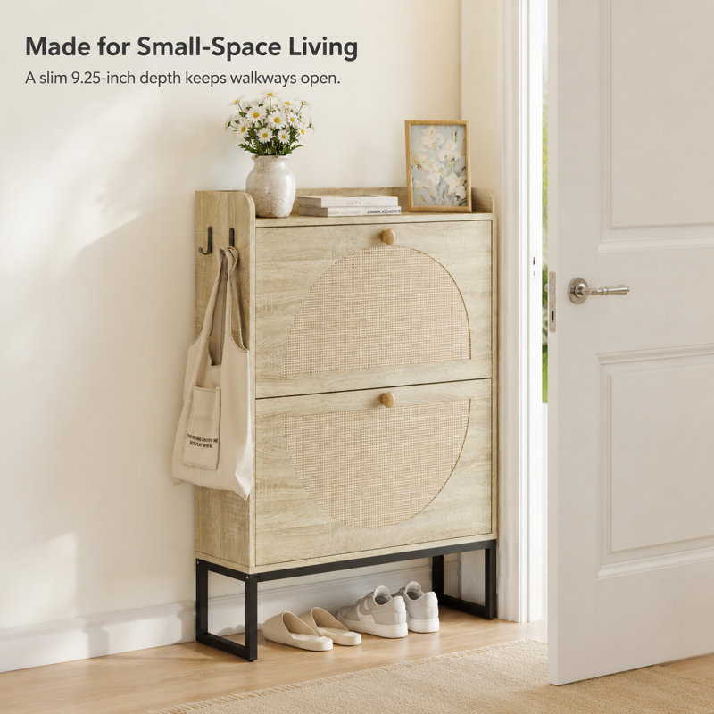 Meuble à chaussures avec porte en rotin, 80 cm (31,5 pouces), rangement pour chaussures avec 2 crochets, bois naturel