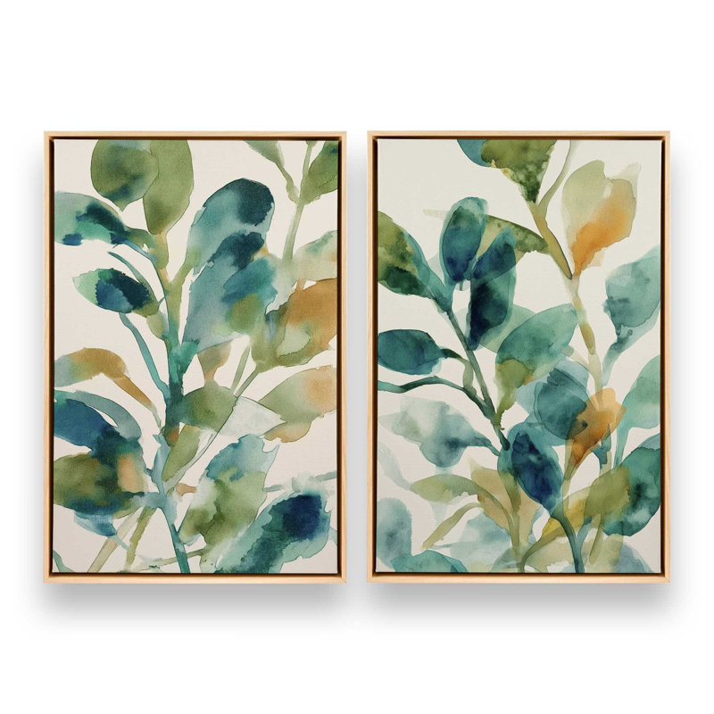 «Verdant Watercolor Bloom», ensemble de 2 impressions, 12 po x 8 po, Cadre flottant en érable américain