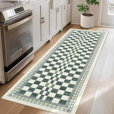 2x6 Washable Runner Rug for Kitchen, Bathroom, Non-Slip, Low Pile, Stain-Resistant, Abstract Checkered Carpet, Entryway, Laundry, Yellow.