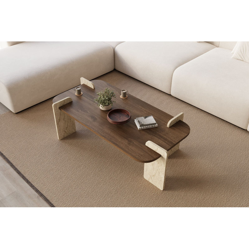 Table basse rectangulaire en travertin et noyer, Beige, Travertin noyer
