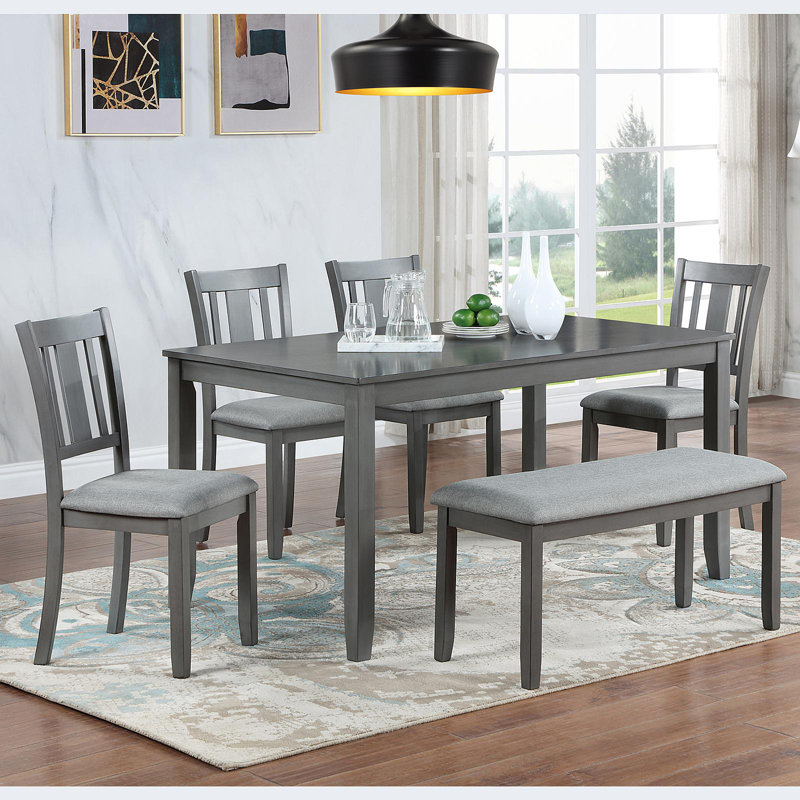 Ensemble de salle à manger de cuisine 6 pièces, table de salle à manger rectangulaire en bois avec 4 chaises rembourrées et un banc, ensemble de table de salle à manger pour 6 personnes, salon, bar et cuisine, gris