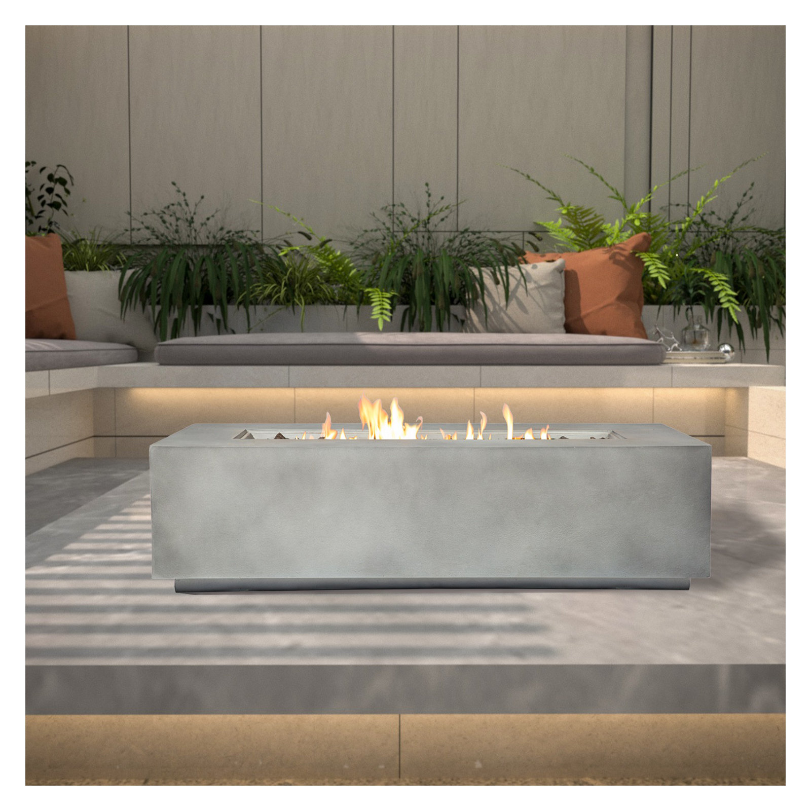 Rashid Concrete Propane Rectangle Outdoor Fire Pit Table, Natural Concrete, 15" H x 48" W x 30" D