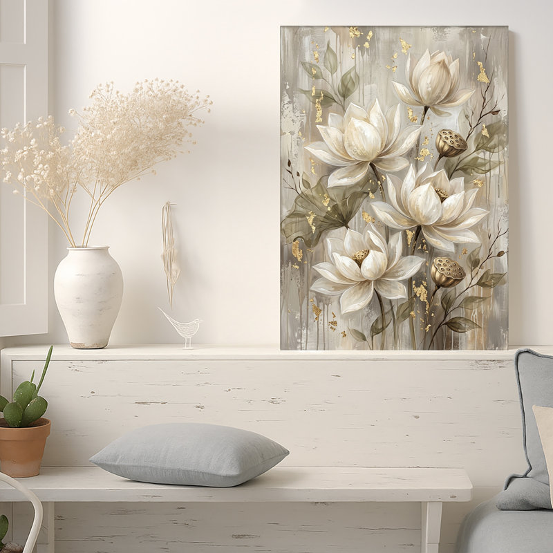 Art mural sur toile, fleurs de lotus blanc et feuille d'or, H 30 po x l 20 po