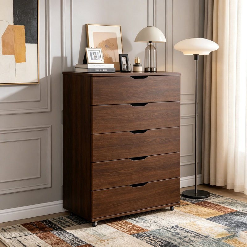 Commode mobile à 5 tiroirs avec roulettes, Marron foncé