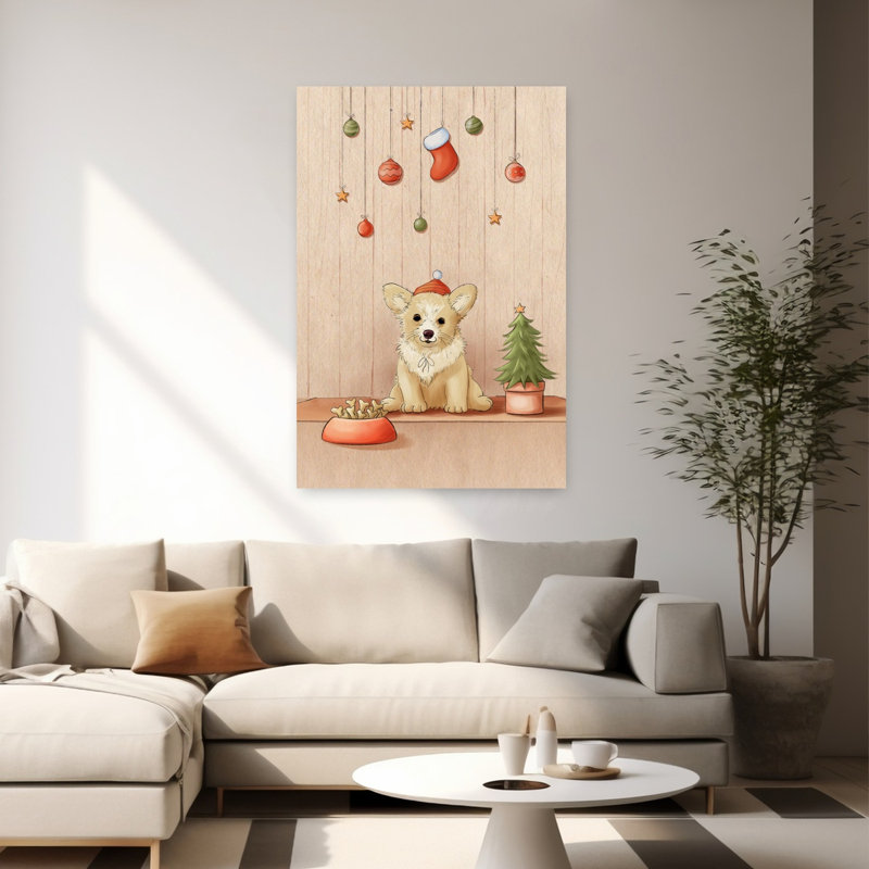 Christmas Corgi Puppy Abstract Contemporary Christmas Tree Dog Winter Landscape Wall Art Print 1 Piece Wrapped Canvas Wall Art