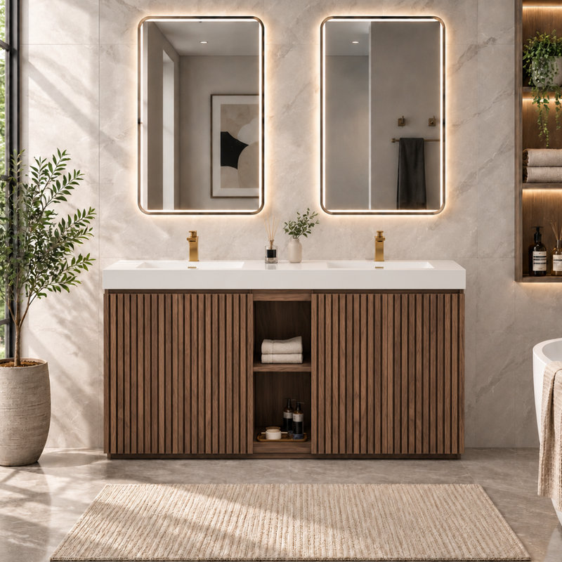 Meuble-lavabo autoportant à double cuve 60 po avec portes cannelées en noyer et dessus de lavabo intégré Lumene, Noyer, Blanc
