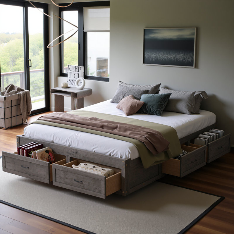 Grand lit plateforme avec 6 tiroirs de rangement, gris antique