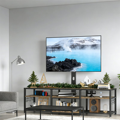 TV Stand With Stand And Power Outlet, Entertainment Center With Open Storage Rack, Adjustable Height, Wooden Table And Metal Frame In Living Room